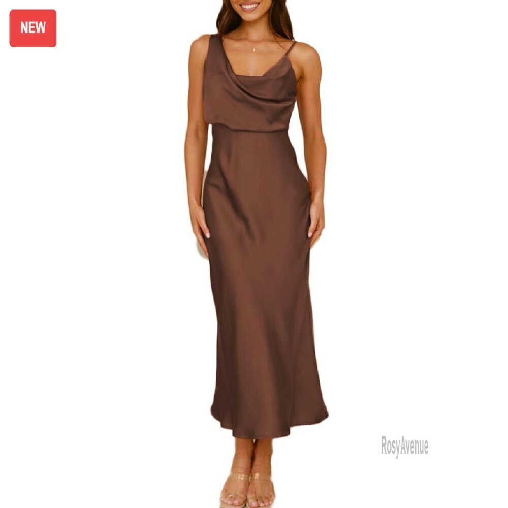 Satin Cowl Neck Backless Midi Dress Formal Wedding Guest Size M